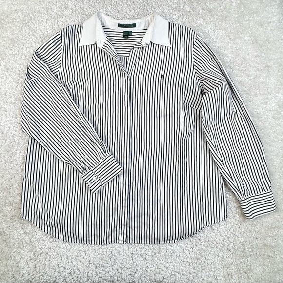 Lauren Ralph Lauren Black White Striped Button Up Shirt with Monogram. 1X - Picture 1 of 14